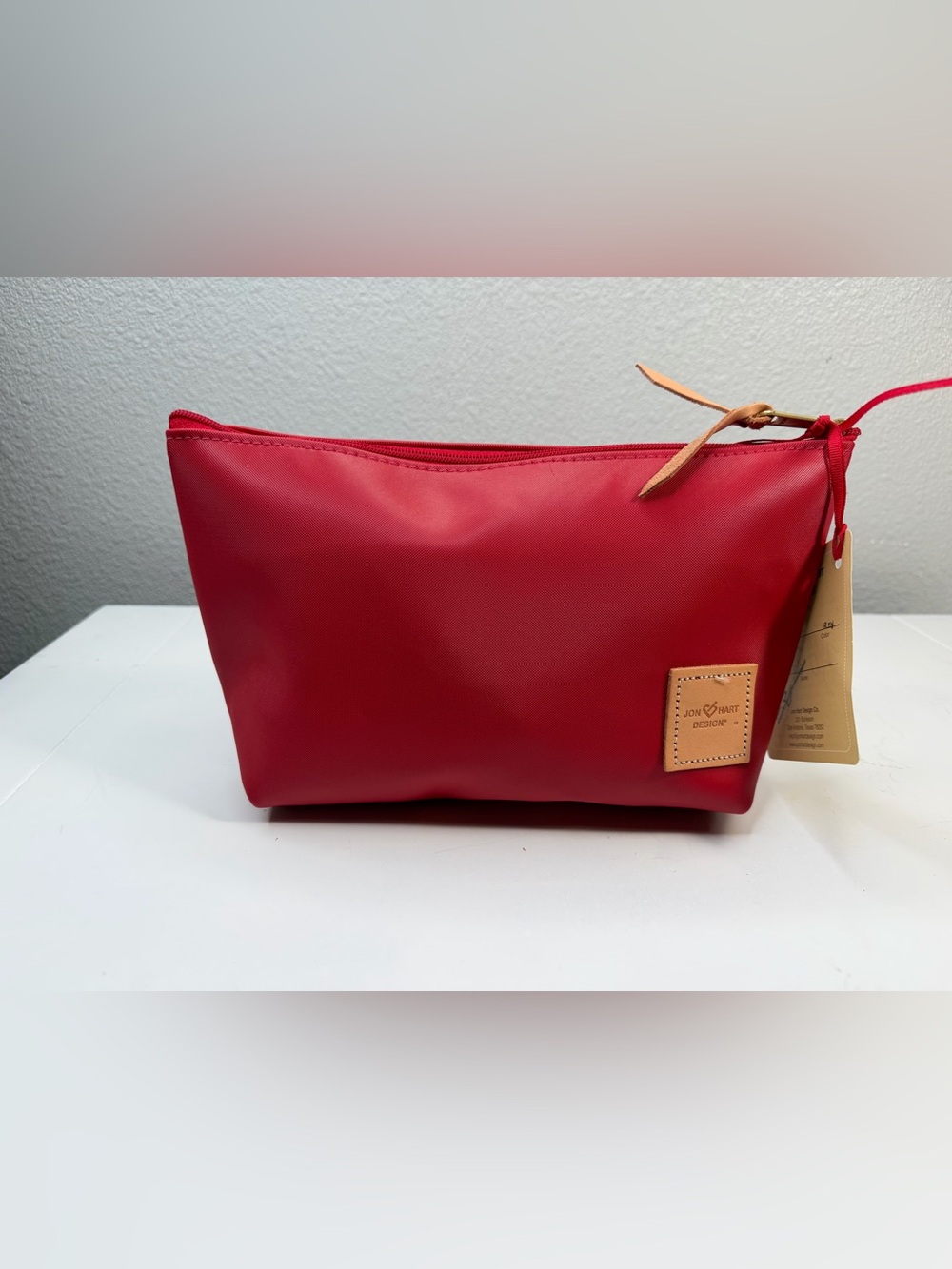 Jon Hart Design Red Cosmetic Pouch with Leather Pull NWT
